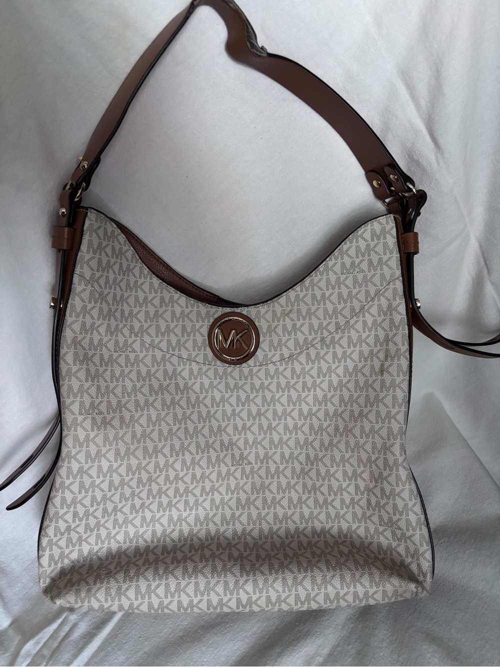 Michael Kors Cream and Brown Signature Logo Shoulder Bag